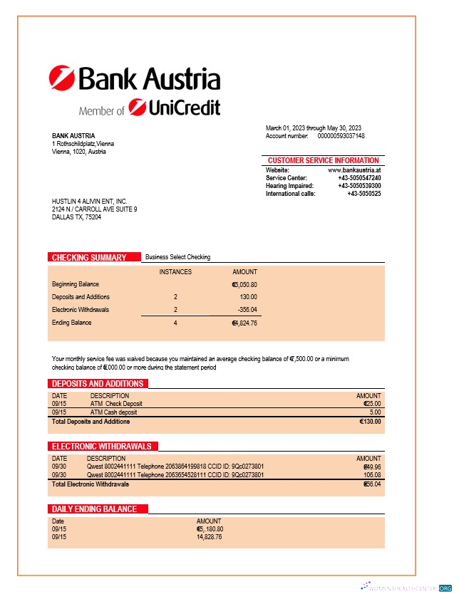 Download Bank Austria organization statement Word and PDF template Photoshop template